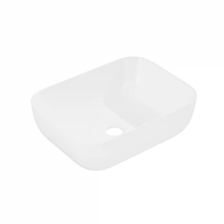 White rectangular rounded solid surface vessel sink, countertop bathroom wash basin