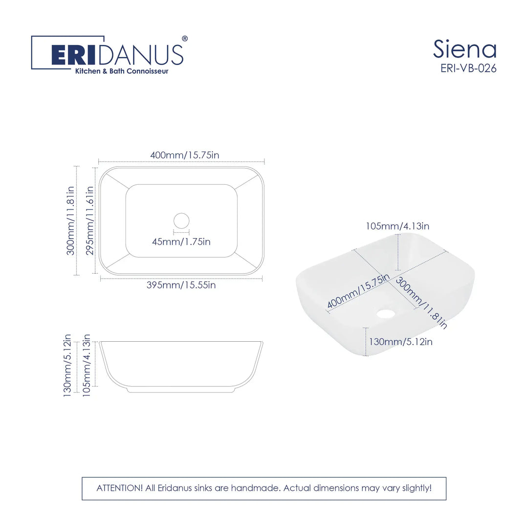 White rounded rectangle vessel sink with metric and imperial dimension technical drawings