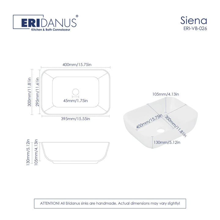White rounded rectangle vessel sink with metric and imperial dimension technical drawings