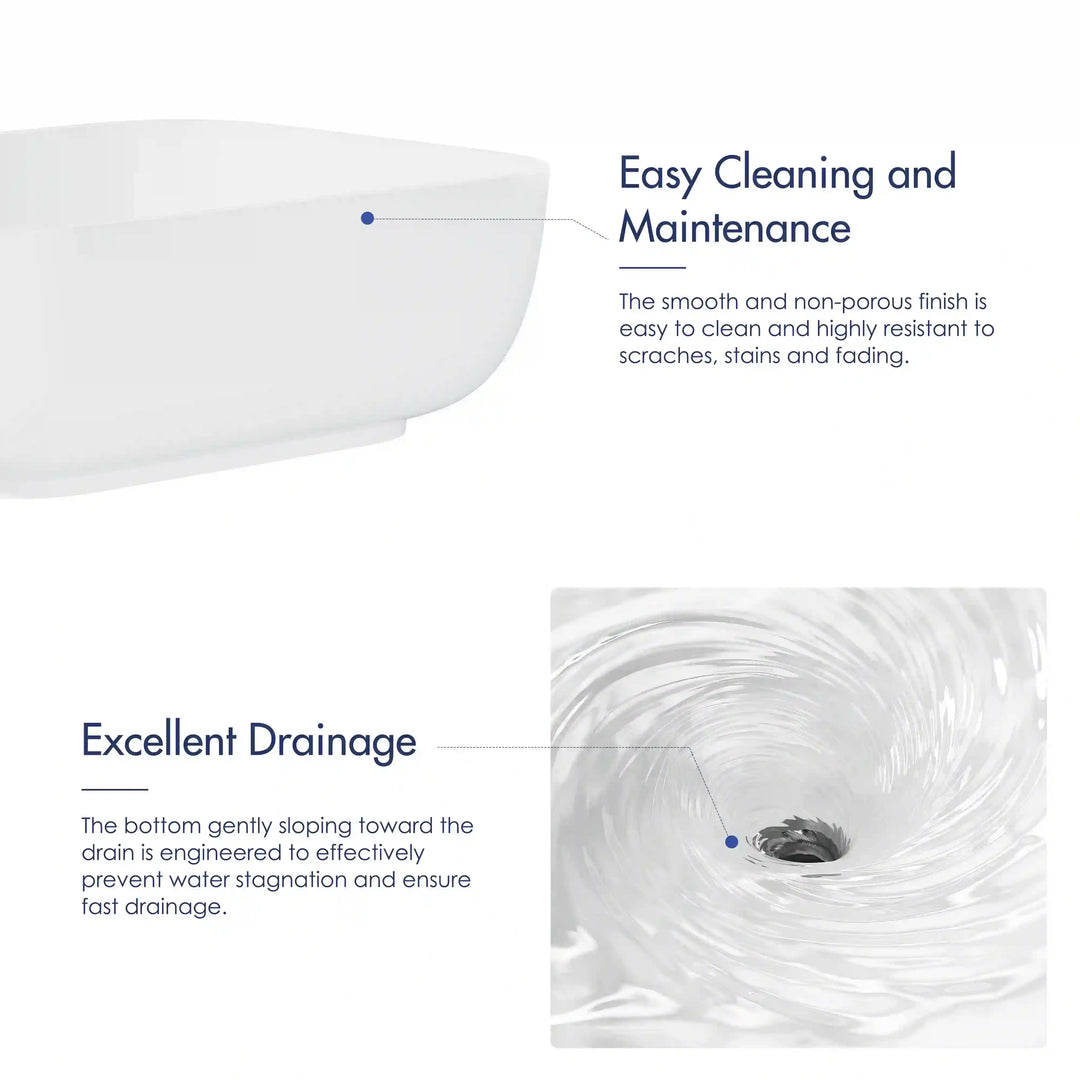 White solid surface vessel sink feature graphic showing stain-resistant surface and fast sloped drainage