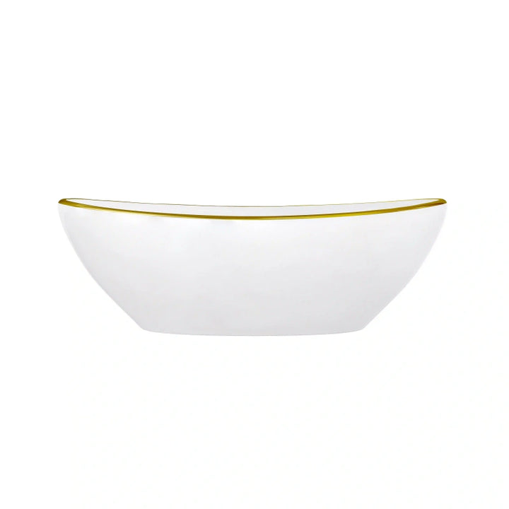 Glossy white oval ceramic vessel sink with thin gold rim border