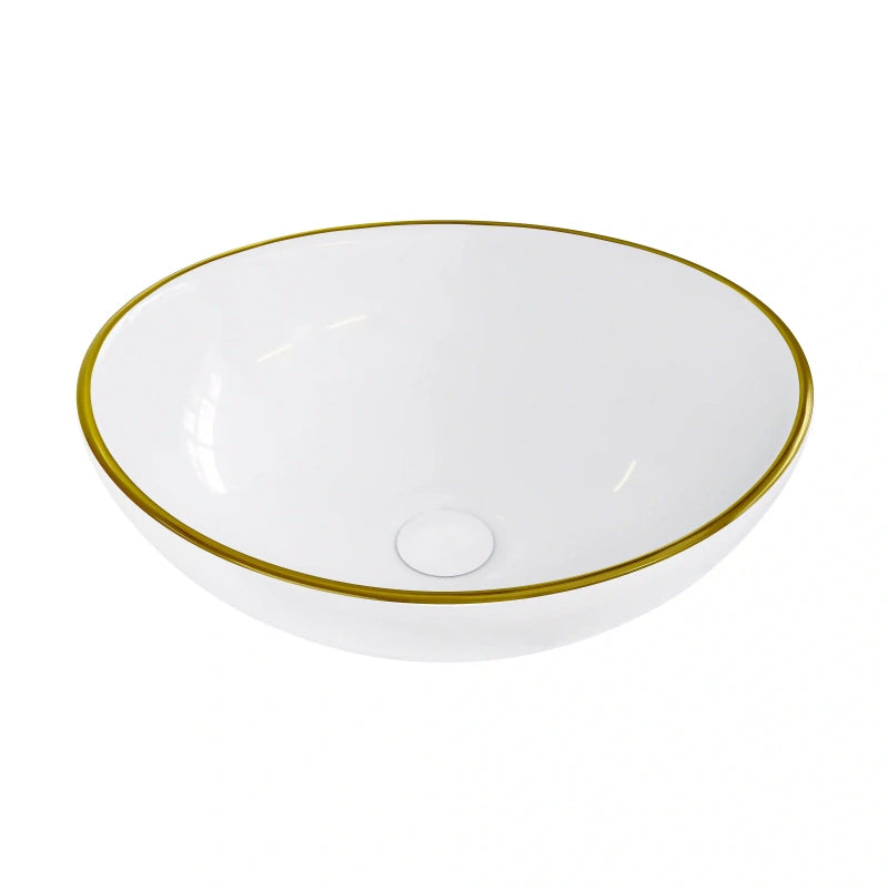Glossy white oval ceramic vessel sink with thin gold rim border