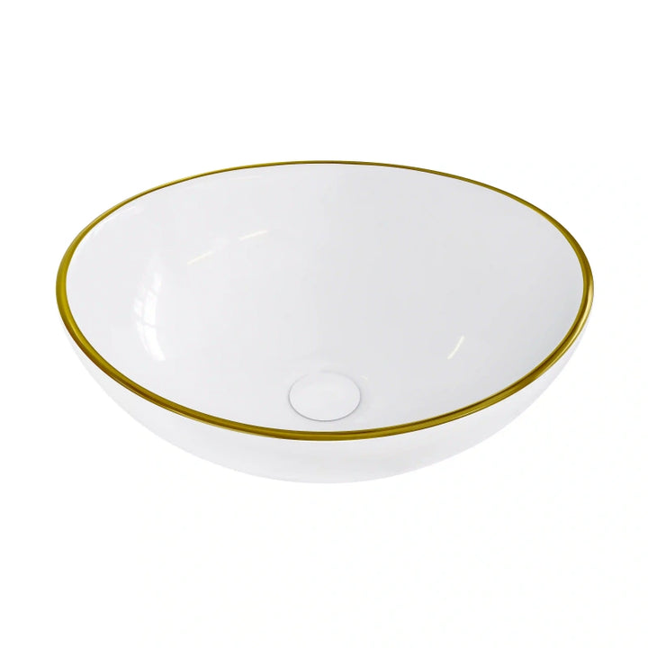 Glossy white oval ceramic vessel sink with thin gold rim border
