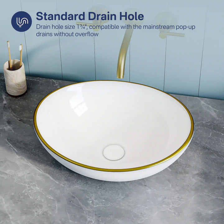White oval ceramic vessel sink with thin gold rim, standard 1 3/4 inch drain hole