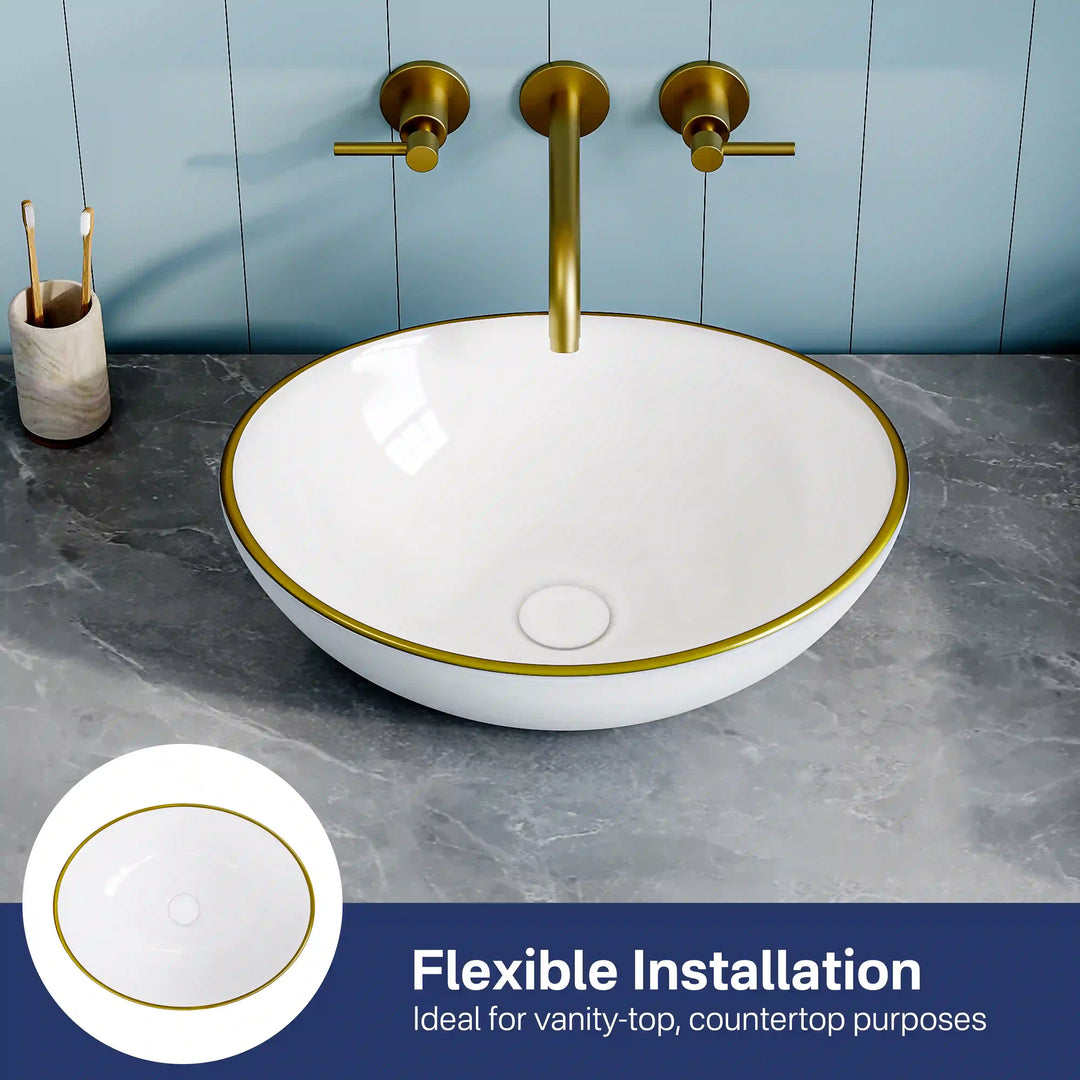 White oval ceramic vessel sink with thin gold rim, versatile countertop installation design