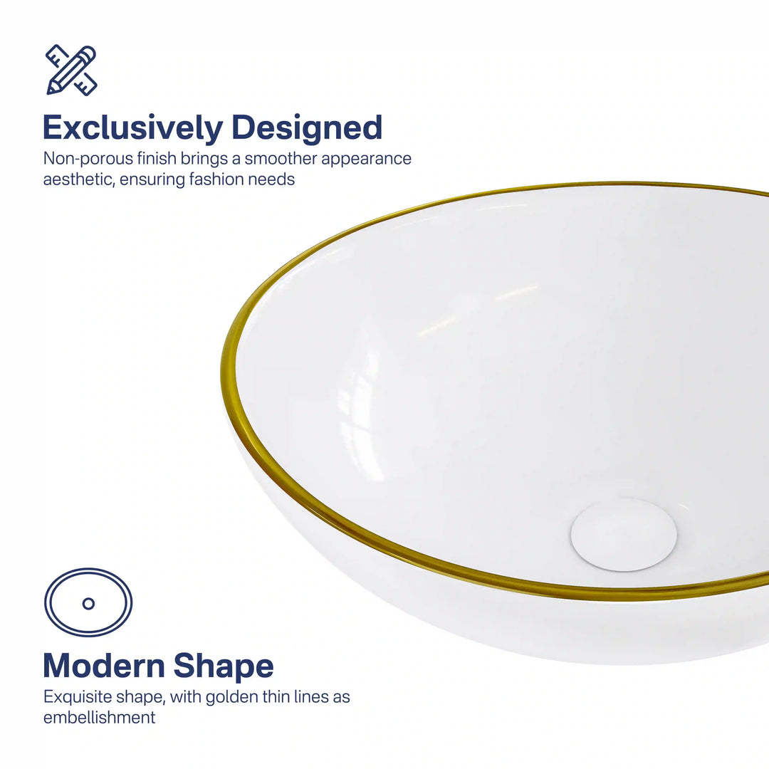 Glossy white ceramic vessel sink with thin gold trim, non-porous smooth glaze finish