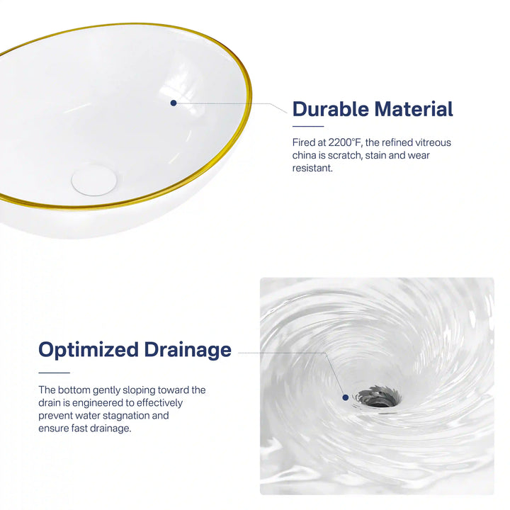 Gold-rimmed white vitreous china vessel sink, scratch-resistant and with slope design for fast drainage