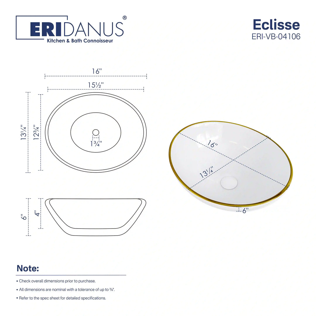 Oval white ceramic vessel sink with thin gold rim, complete dimension specification drawing
