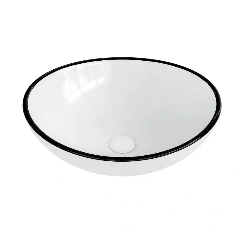 Glossy white oval ceramic vessel sink with thin black border rim