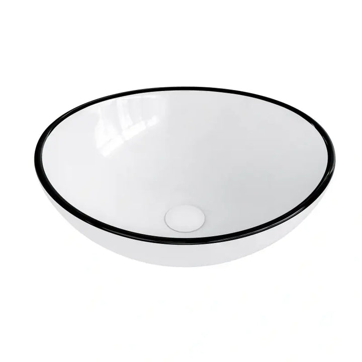 Glossy white oval ceramic vessel sink with thin black border rim