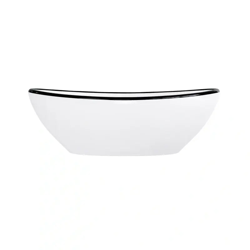 Glossy white oval ceramic vessel sink with thin black border rim