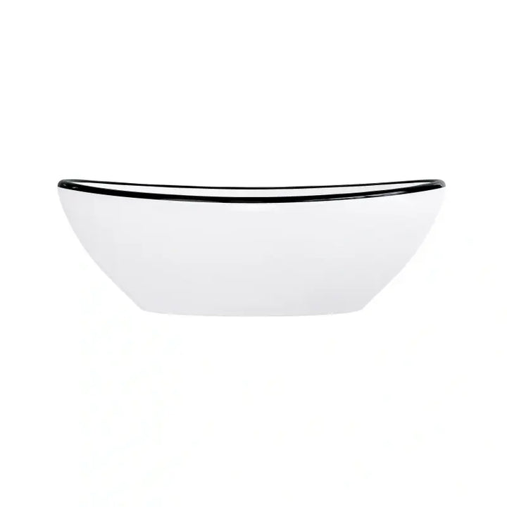 Glossy white oval ceramic vessel sink with thin black border rim
