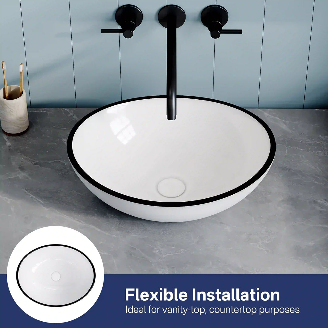 White ceramic oval vessel sink with thin black rim, flexible countertop installation