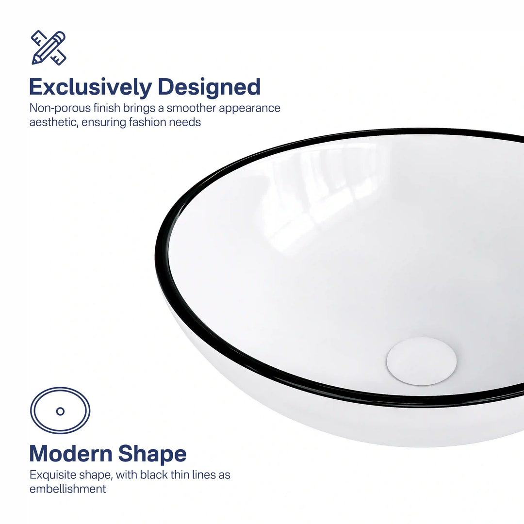 Glossy white ceramic vessel sink with thin black trim, non-porous smooth modern finish