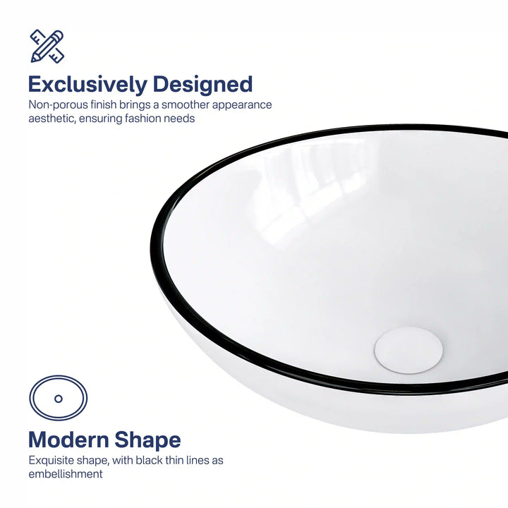 Glossy white ceramic vessel sink with thin black trim, non-porous smooth modern finish