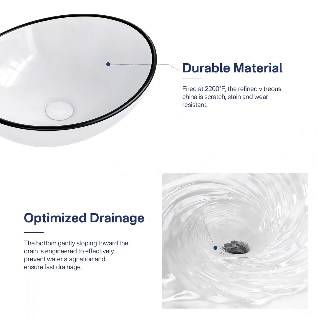 White vitreous china vessel sink with black rim, wear-resistant and fast-drainage design