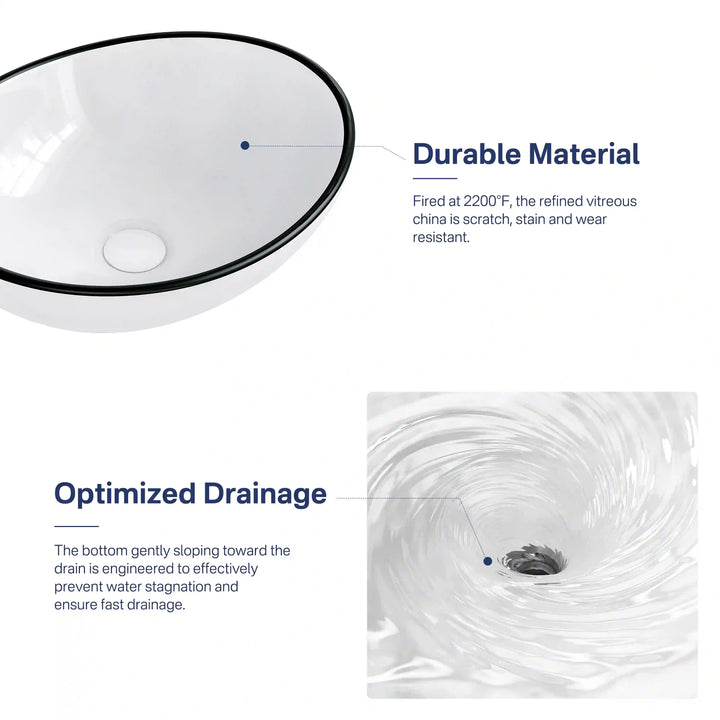 White vitreous china vessel sink with black rim, wear-resistant and fast-drainage design