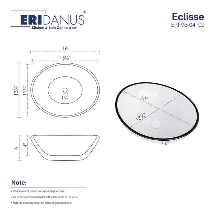 Oval white ceramic vessel sink with black thin rim, dimension specification drawing