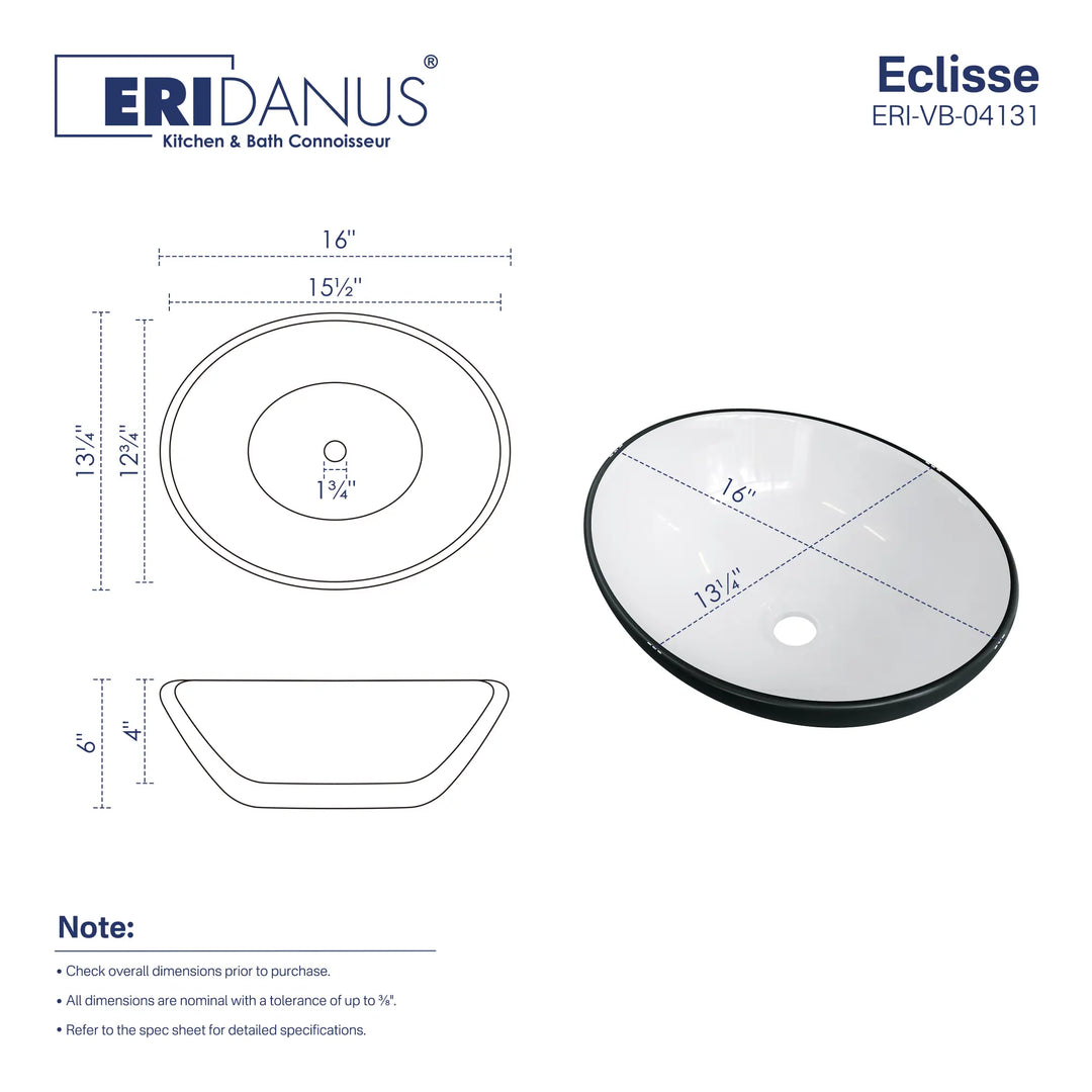 16-inch oval white and black vessel sink dimension chart