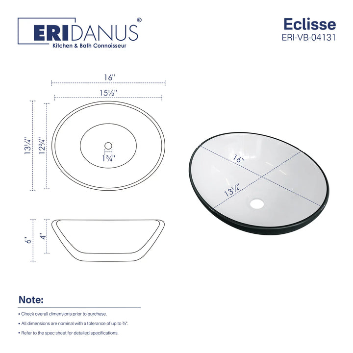 16-inch oval white and black vessel sink dimension chart