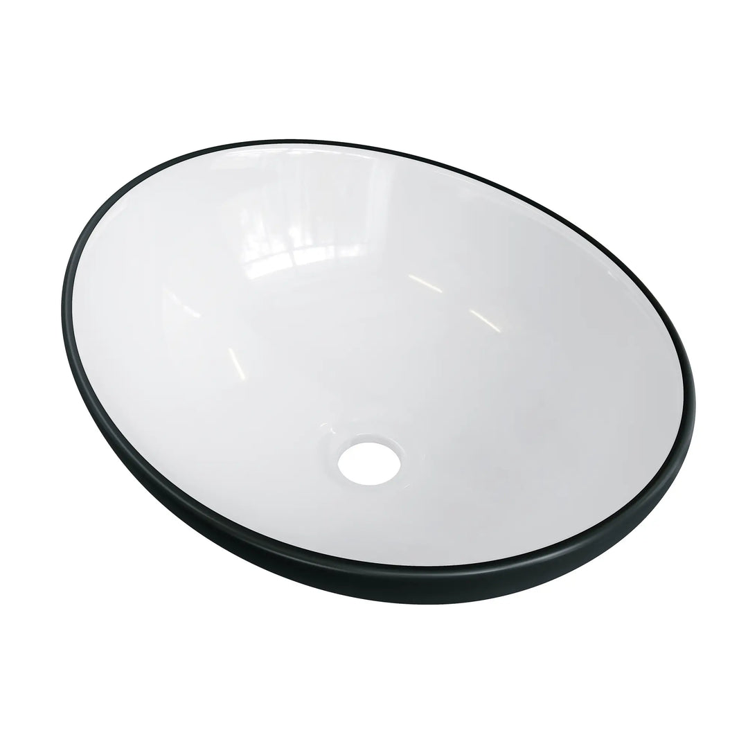 White oval ceramic vessel sink with matte black rim