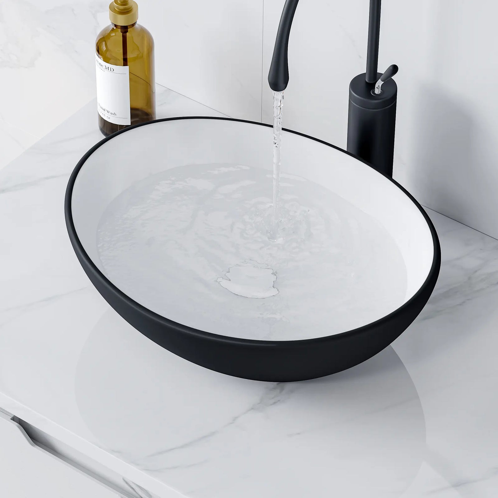 Matte black and white oval vessel bathroom sink#color_white-black