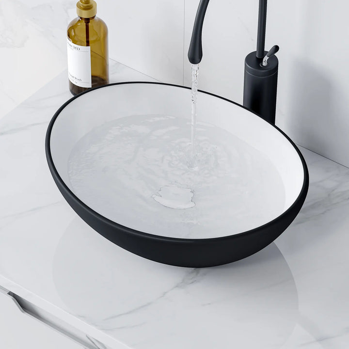Matte black and white oval vessel bathroom sink