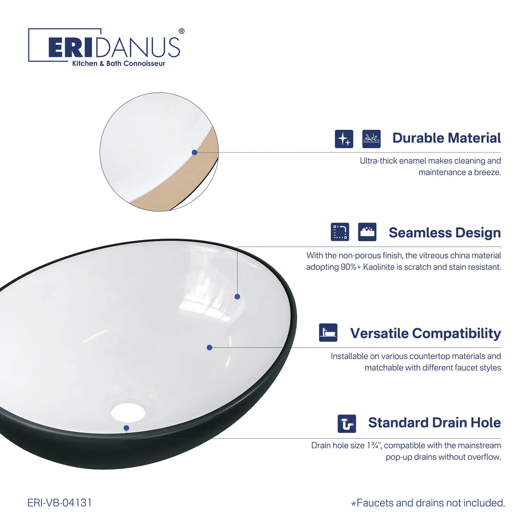 Matte black and white oval ceramic vessel sink specifications