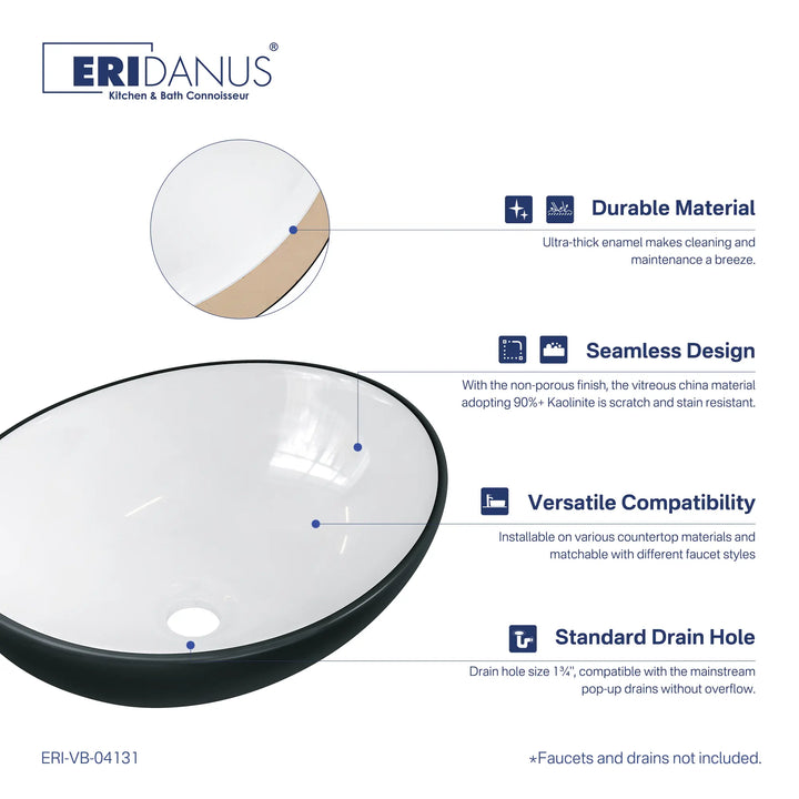 Matte black and white oval ceramic vessel sink specifications
