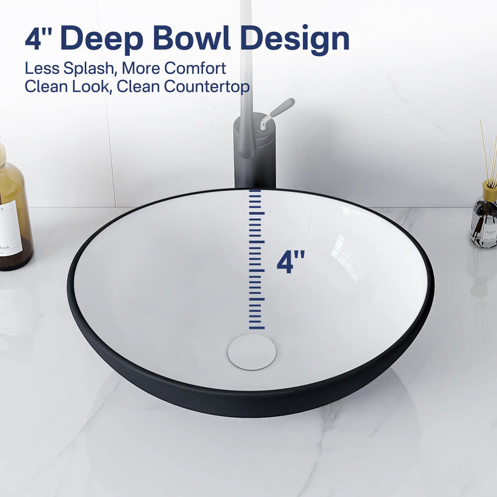 4-inch deep matte black and white oval vessel sink