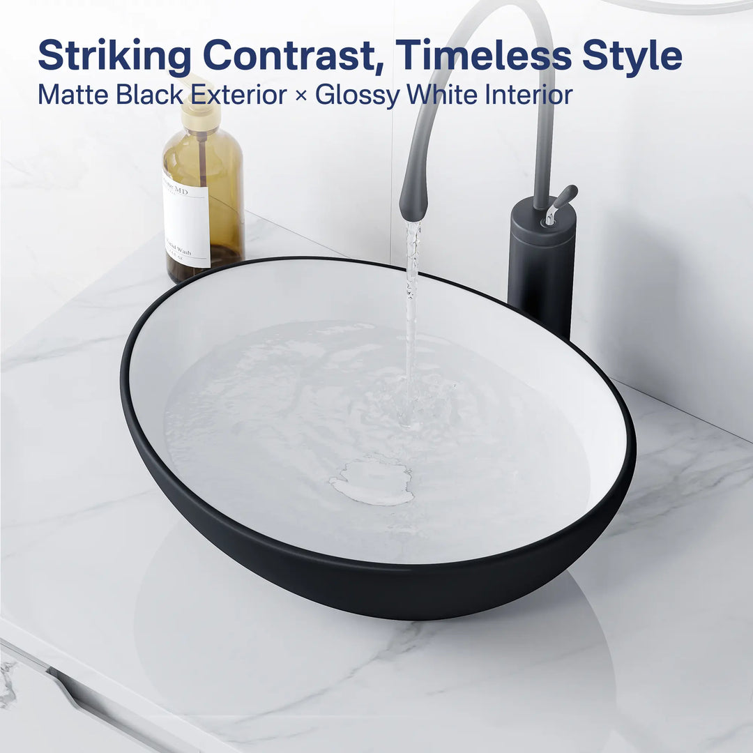 Matte black and glossy white oval ceramic vessel sink