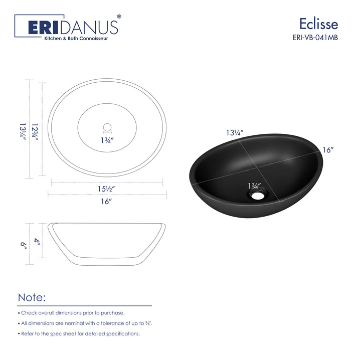 Eclisse 16" Oval Vessel Vitreous China Bathroom Sink with Multiple Colors