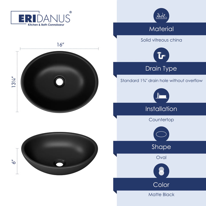 Eclisse 16" Oval Vessel Vitreous China Bathroom Sink with Multiple Colors