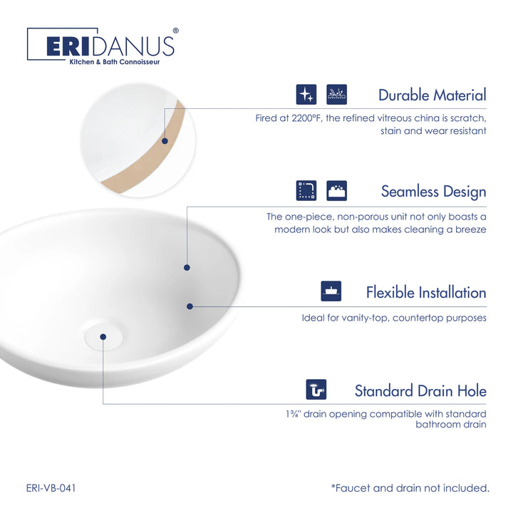 Eclisse 16" Oval Vessel Vitreous China Bathroom Sink with Multiple Colors