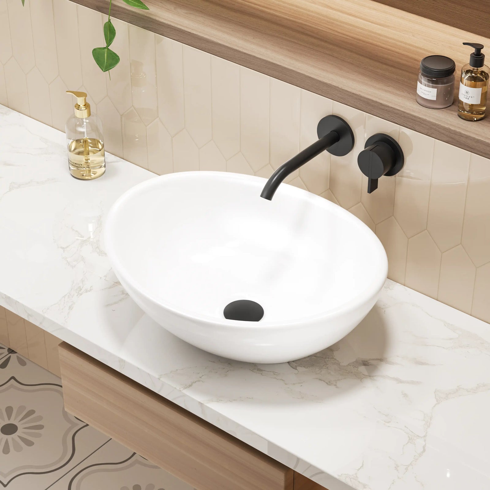 White oval ceramic ceramic vessel sink with modern curved deep bowl design.#color_white