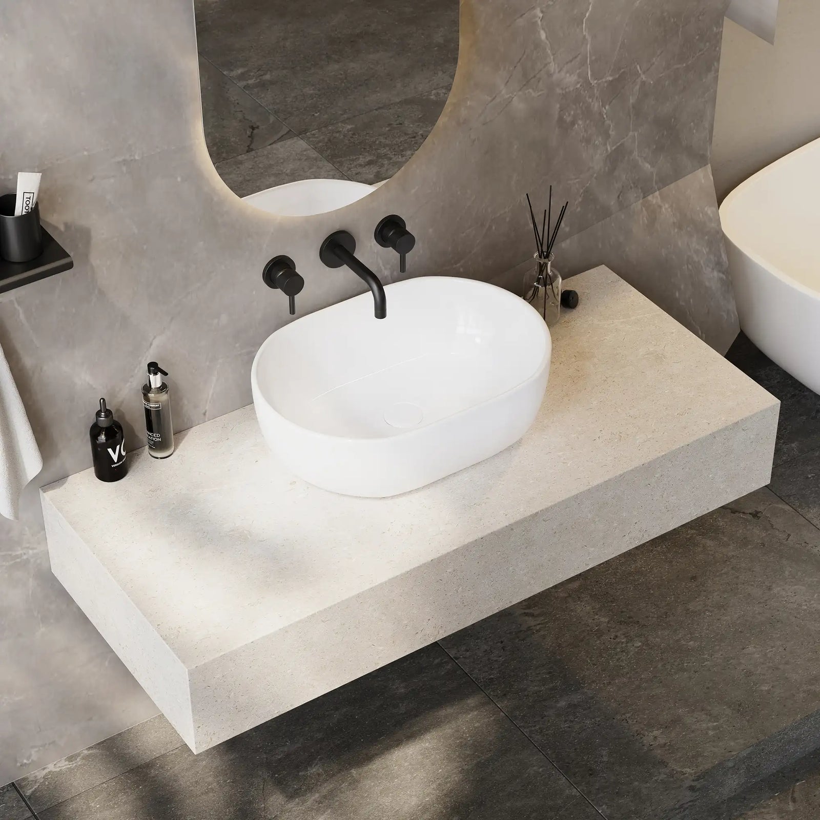 Modern matte grey ceramic vessel sink with curved boat-shaped design.#size_19-in