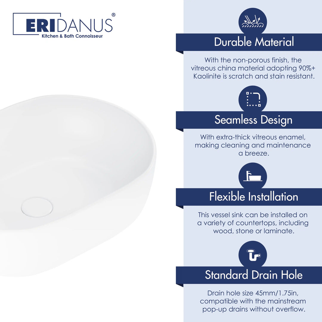 Salerno Oval Vessel White Porcelain Bathroom Sink Available in Multiple Sizes