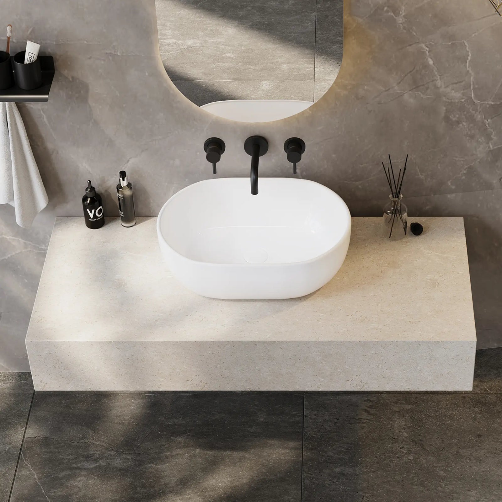 Modern matte grey ceramic vessel sink with curved boat-shaped design.#size_19-in
