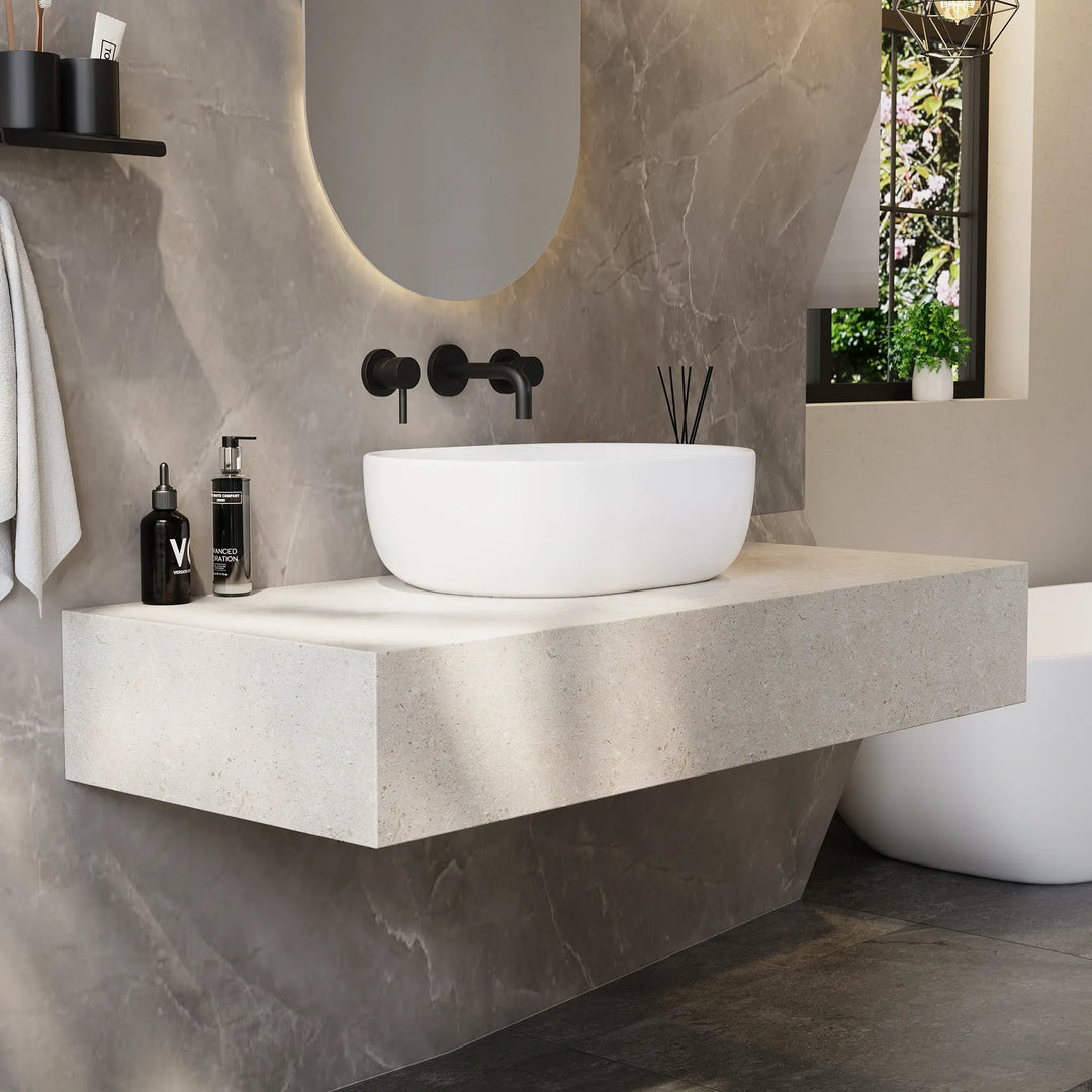 Salerno Oval Vessel White Porcelain Bathroom Sink Available in Multiple Sizes