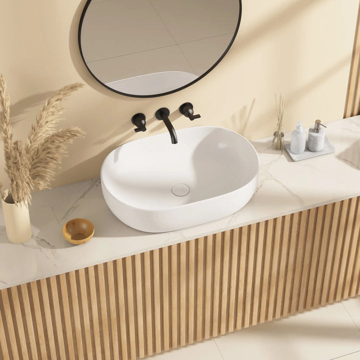Salerno Oval Vessel White Porcelain Bathroom Sink Available in Multiple Sizes