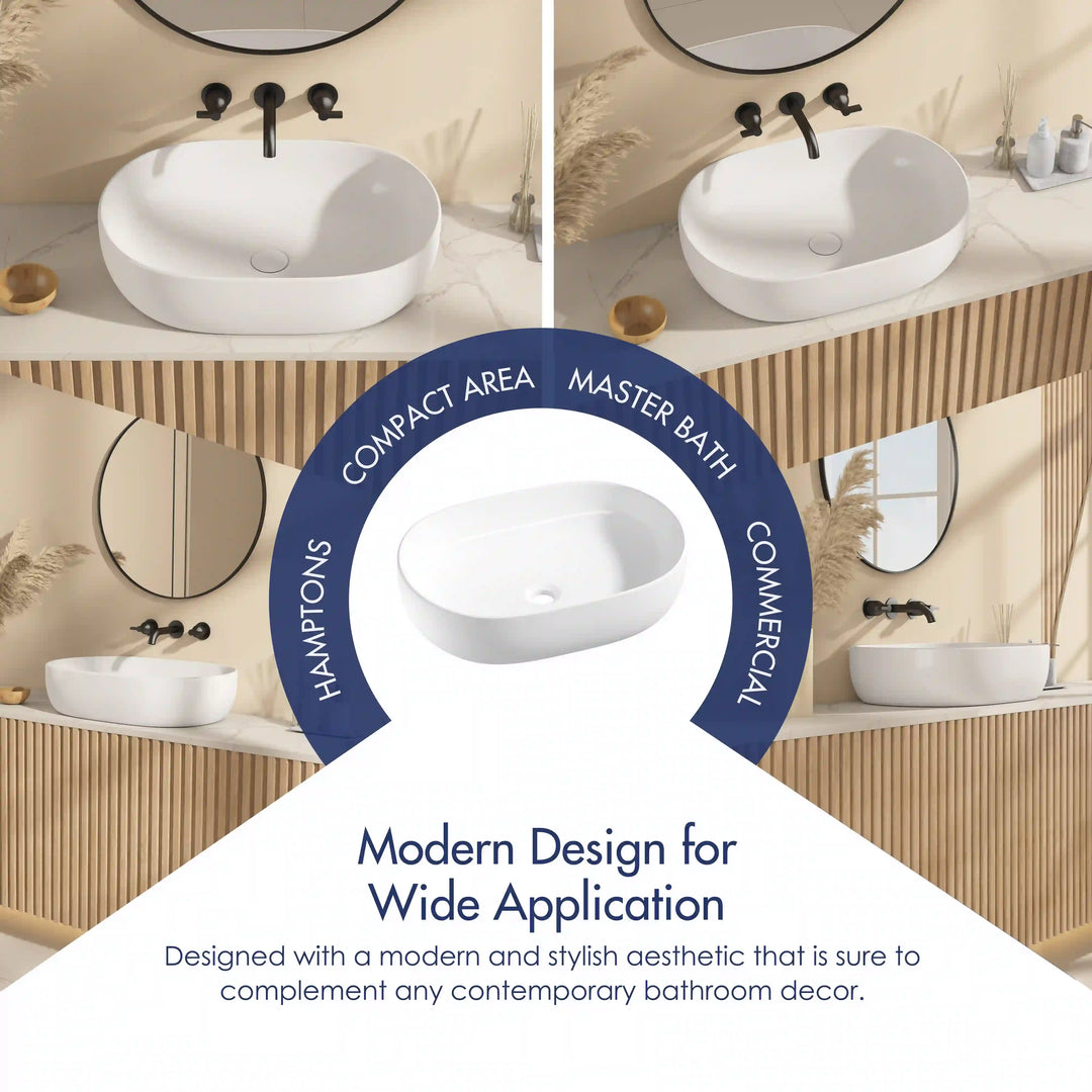 Salerno Oval Vessel White Porcelain Bathroom Sink Available in Multiple Sizes
