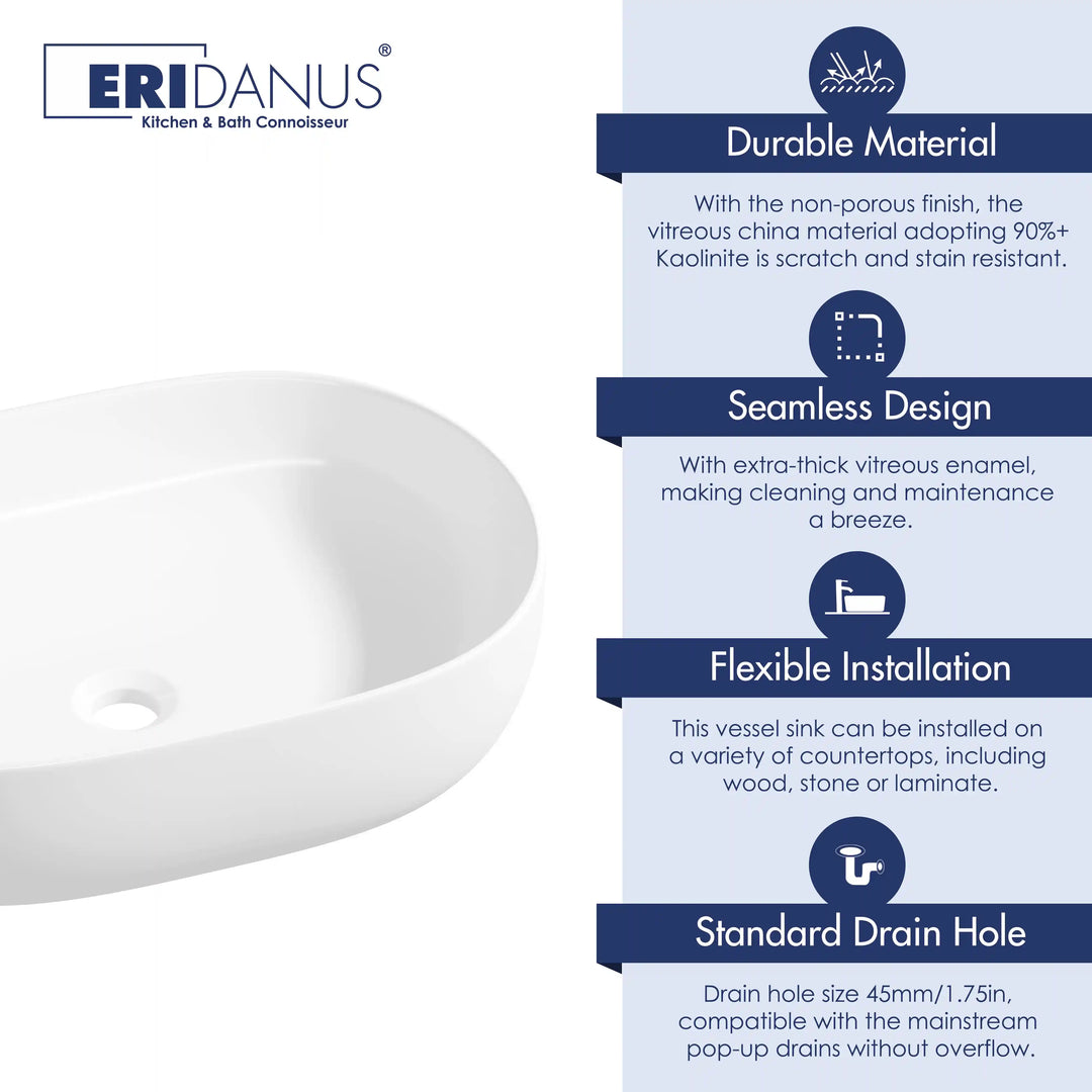 Salerno Oval Vessel White Porcelain Bathroom Sink Available in Multiple Sizes