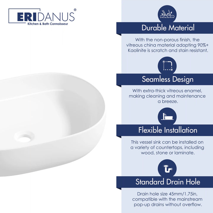 Salerno Oval Vessel White Porcelain Bathroom Sink Available in Multiple Sizes