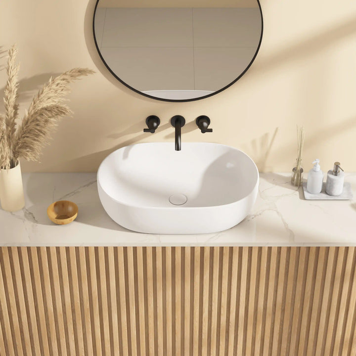 Salerno Oval Vessel White Porcelain Bathroom Sink Available in Multiple Sizes