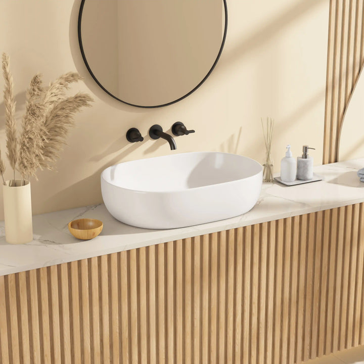 Salerno Oval Vessel White Porcelain Bathroom Sink Available in Multiple Sizes