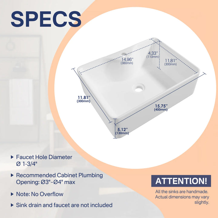 15.75x11.81 inch white vessel sink dimensions and technical specs.