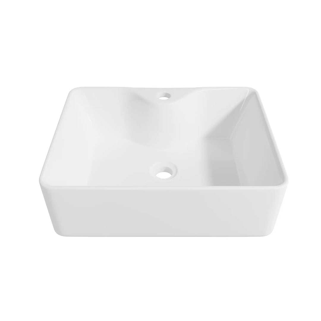 Square white ceramic vessel sink with single faucet hole and drain.