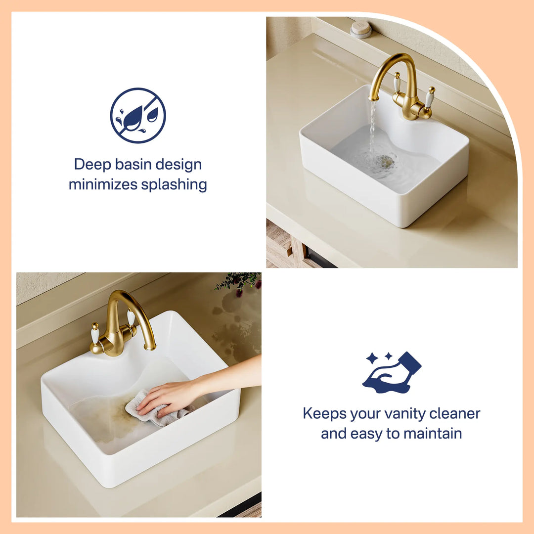 Eridanus white ceramic vessel sink with deep basin and easy cleaning.