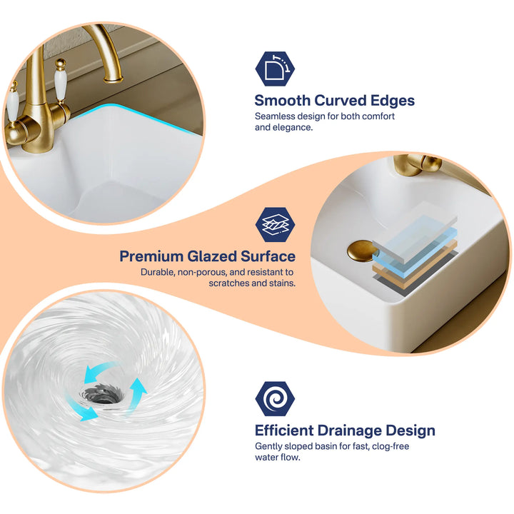 White vessel sink with gold faucet featuring glazed surface and curved edges.