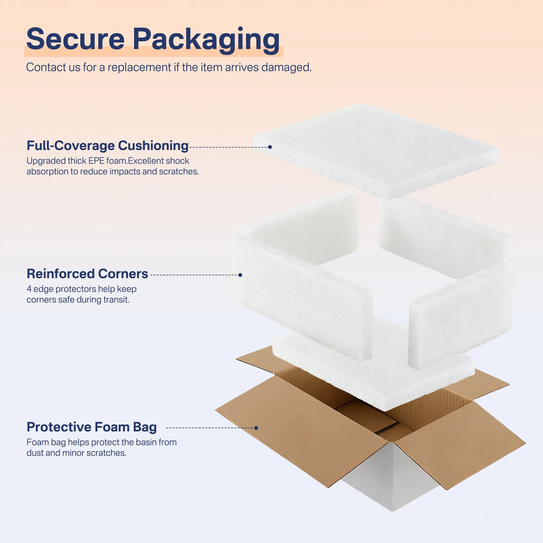 Secure packaging with EPE foam cushioning and reinforced corners for sink.